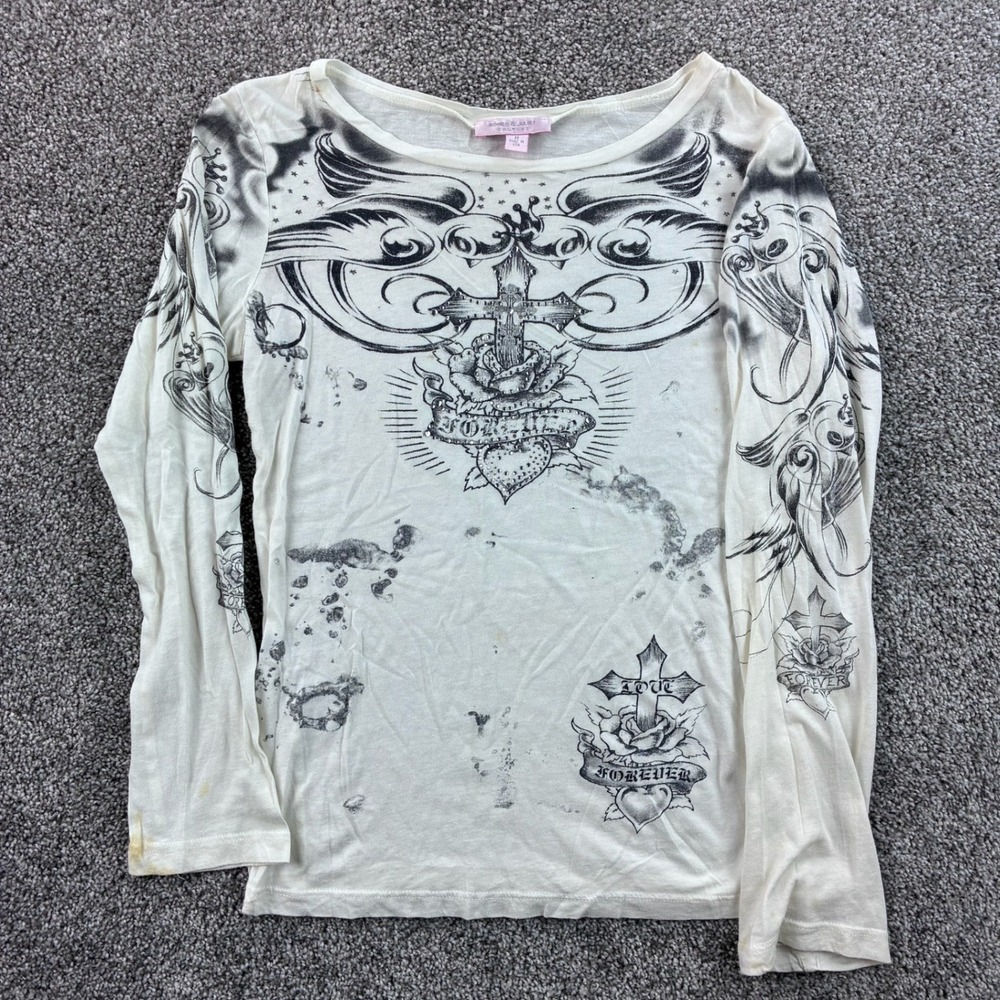 Vintage Y2K Romeo & Juliet Couture Top Women's M White Cotton Tattoo Rhinestone